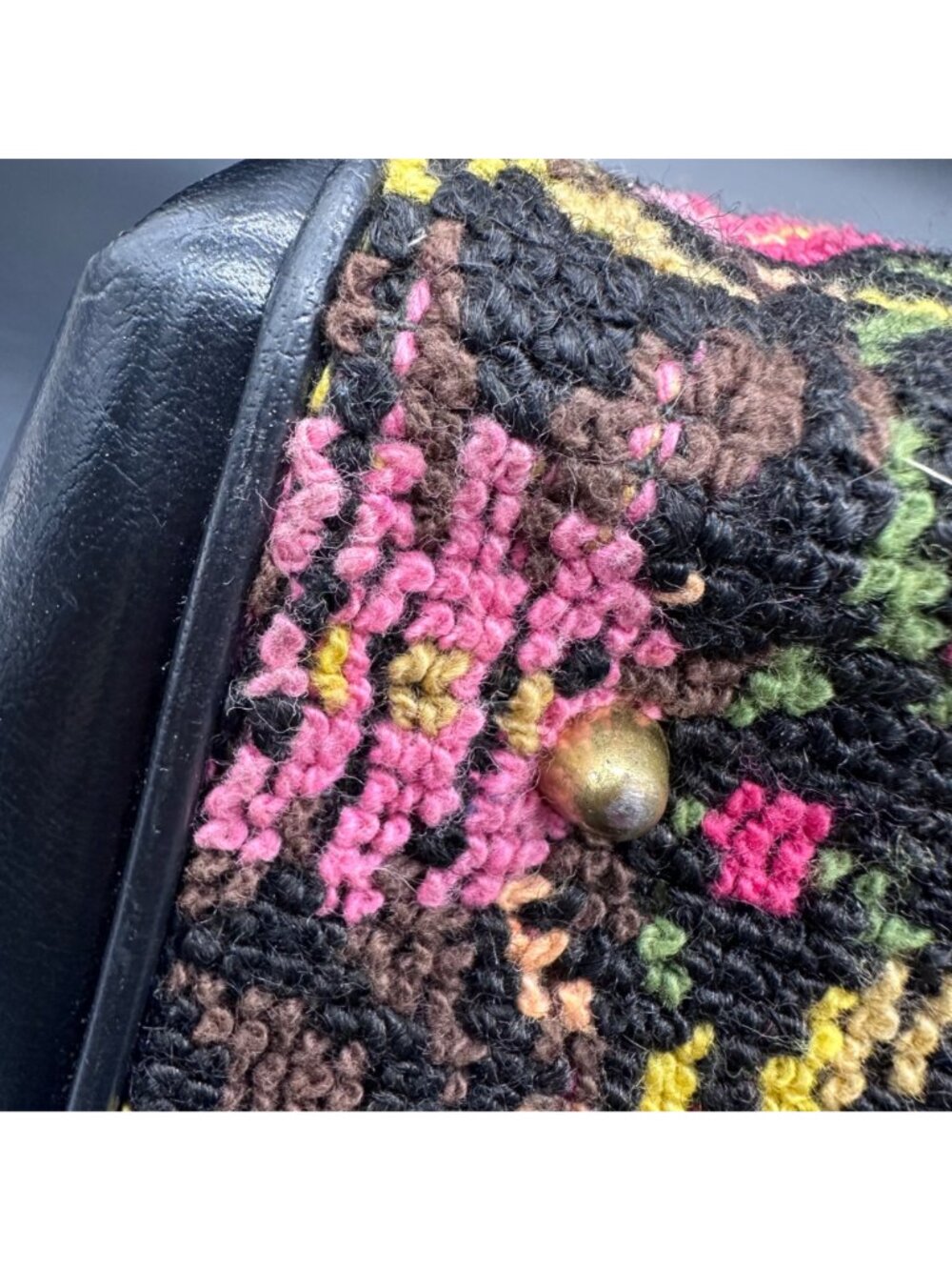 Vintage Tapestry Carpet Bag Purse Handbag 1960s Floral Dual Handles Pink Black - Picture 9 of 12